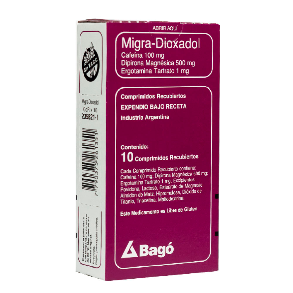 Migra-Dioxadol Cafeina 100 mg Caja de 10 Comprimidos Recubiertos