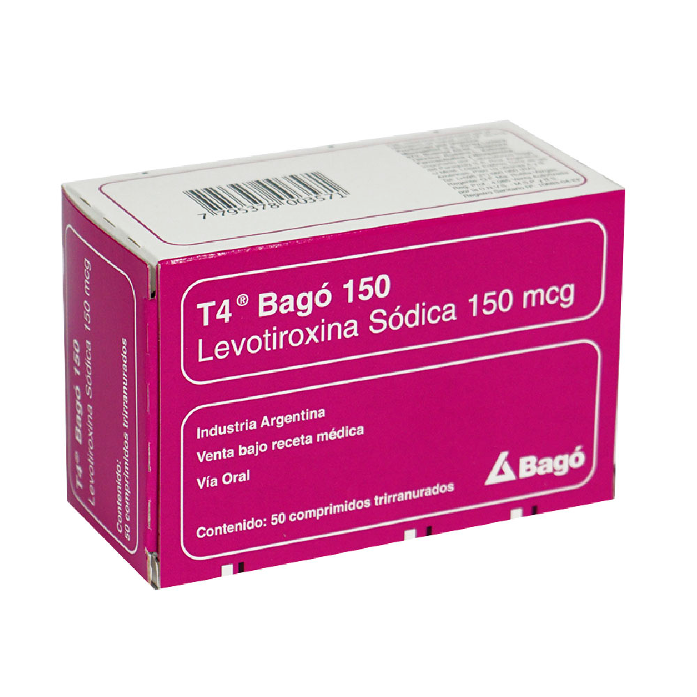 T4 Bagó 150 Levotiroxina Sódica 150 mcg Caja x50 comprimidos trirranurados.