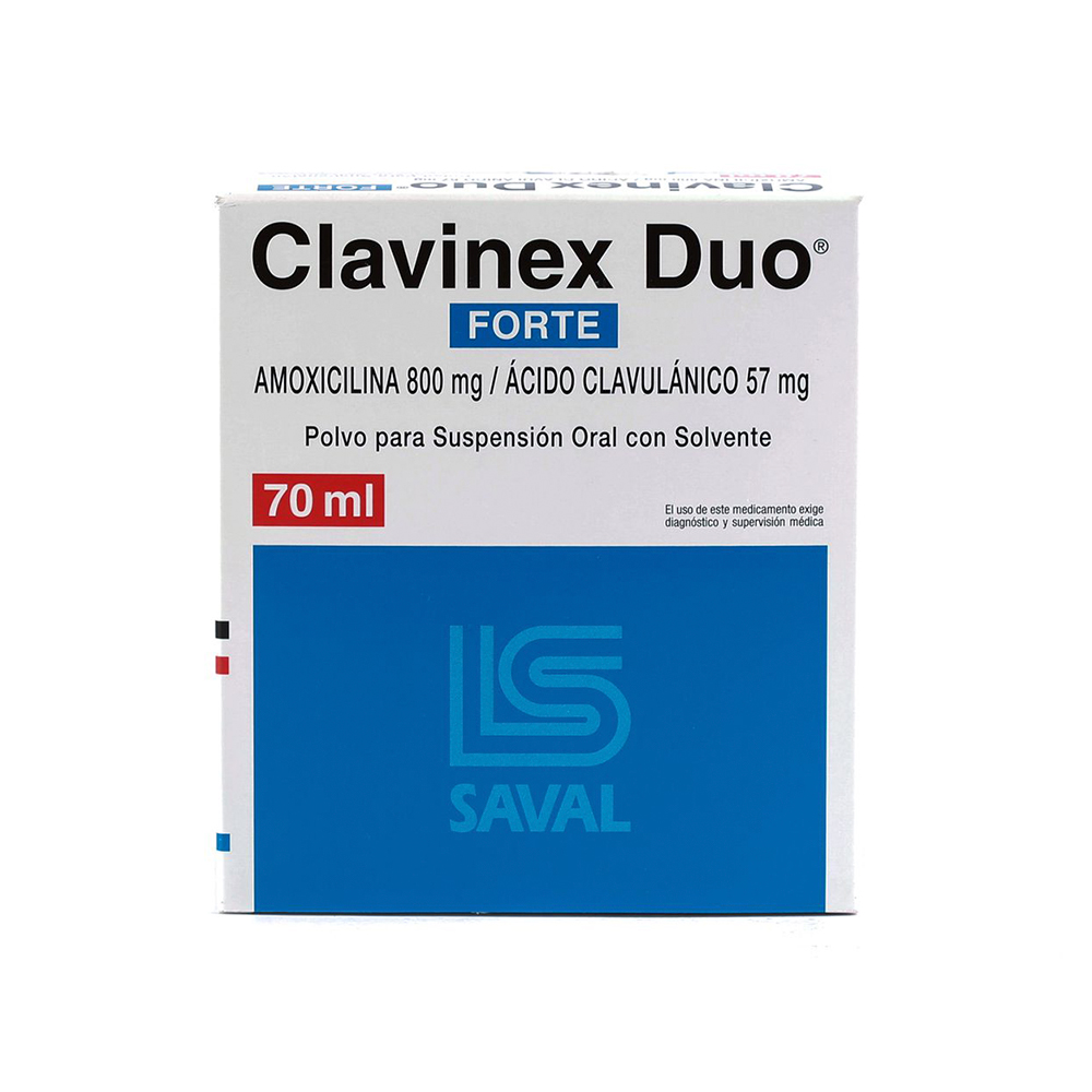 Clavinex Duo Forte Amoxicilina 800 Mg Caja De 70 ML De Polvo Para Suspensión Oral Con Solvente