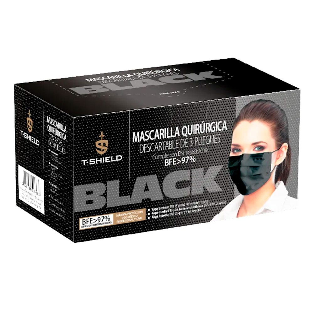 Mascarilla T-Shield Quirurgica Descartable Black x 50 Uni.