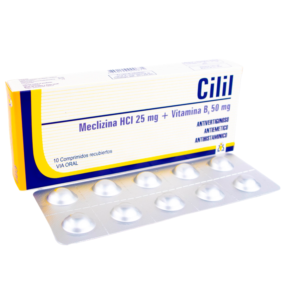 Cilil Meclizina HCI 25 mg Vitamina B 50 mg Caja de 10 comprimidos recubiertos