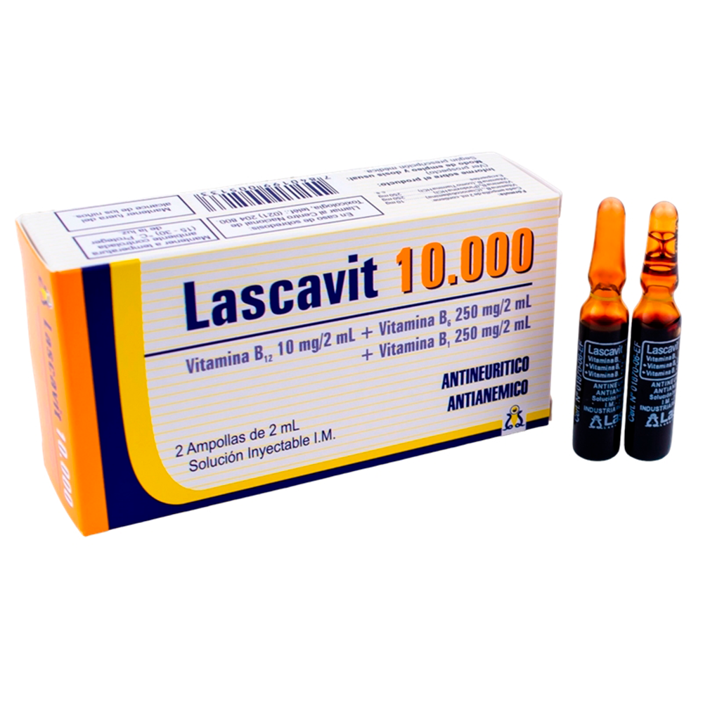 Vitamina B12 De 10 Mg/2ML Lascavit 10.000 Contiene 2 Ampollas Con 2ML + Solución Inyectable