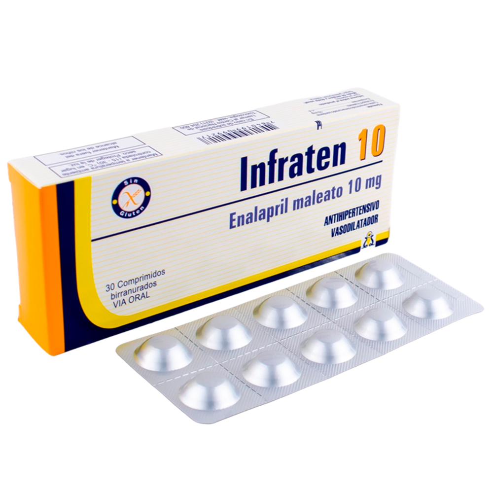 Infraten 10 Enalapril Maleato 10Mg Caja De 3 Blíster x 30 Comprimidos Birranurados