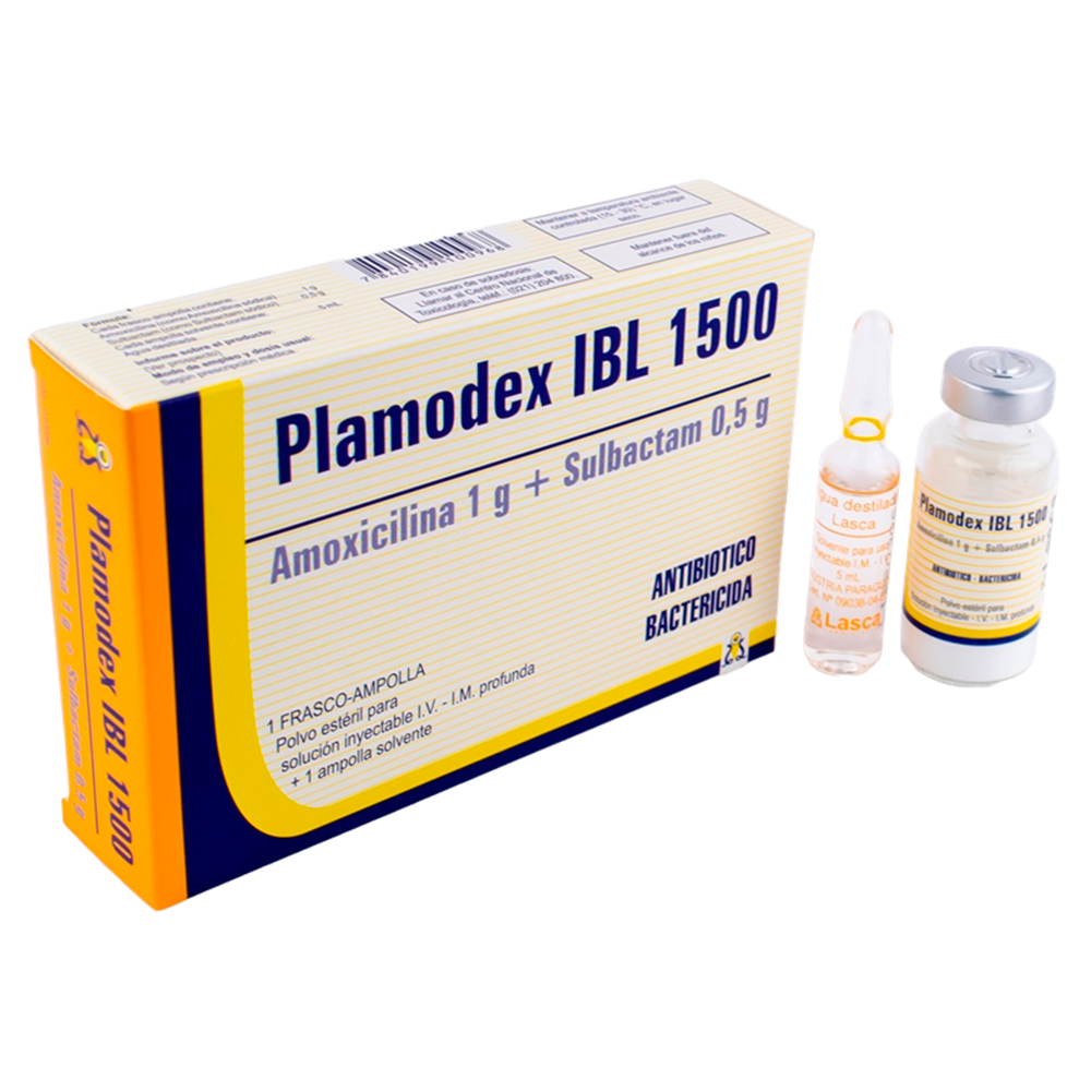 Plamodex IBL 1500 Amoxicilina 1 g Caja x1 frasco+1 ampolla solvente