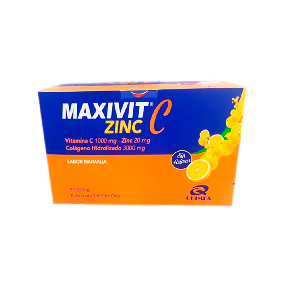 Maxivit C Zinc Vitamina C 1000 mg Colageno Hidrolizado 3000 mg Caja de 30 Sobres