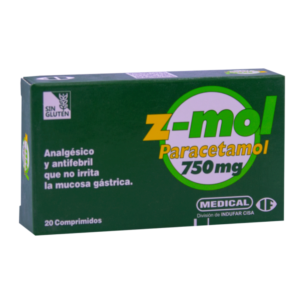 Z-mol 750 mg Paracetamol Caja x20 Comprimidos.