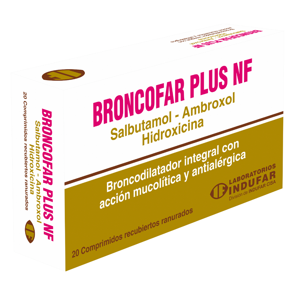 Broncofar Plus Teofilina Ambroxol Hidroxicina Caja de 20 comprimidos revestidos