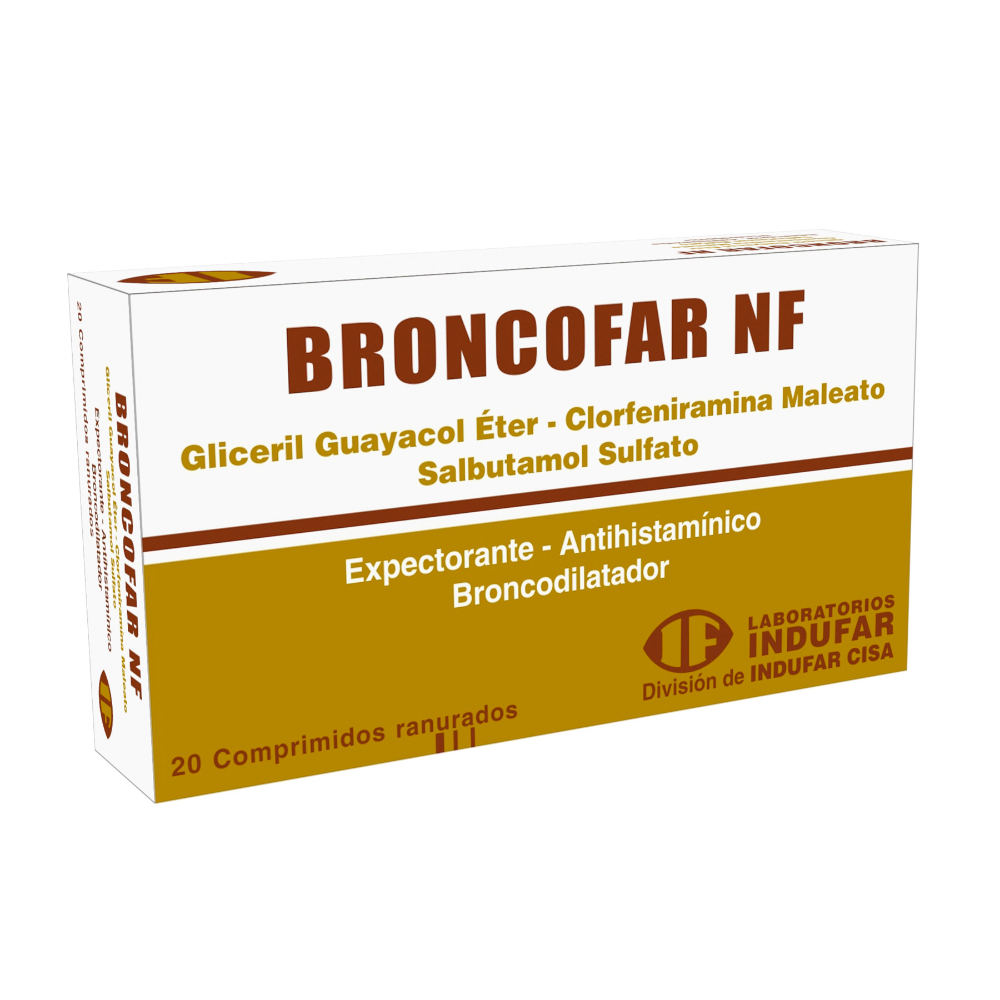 Broncofar NF Salbutamol Clorfeniramina Éter gliceril guayacol Caja de 20 Comprimidos.