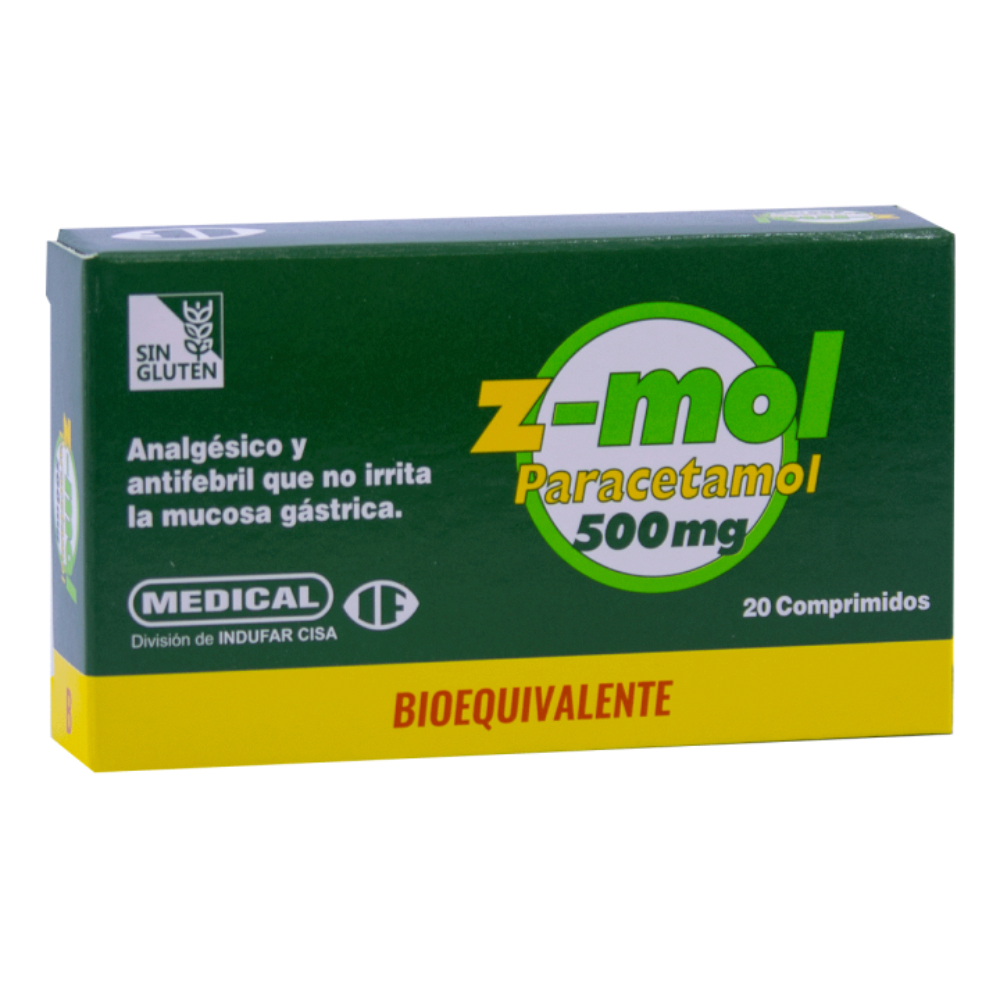 Z-mol 500 mg Paracetamol Caja 2 Blister x 20 Comprimidos.