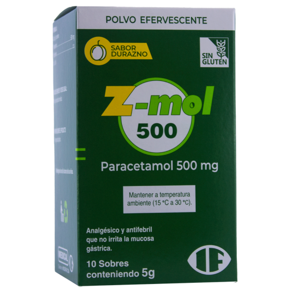 Z-mol 500mg Paracetamol Polvo Efervescente Contiene 10 sobres de 5g.