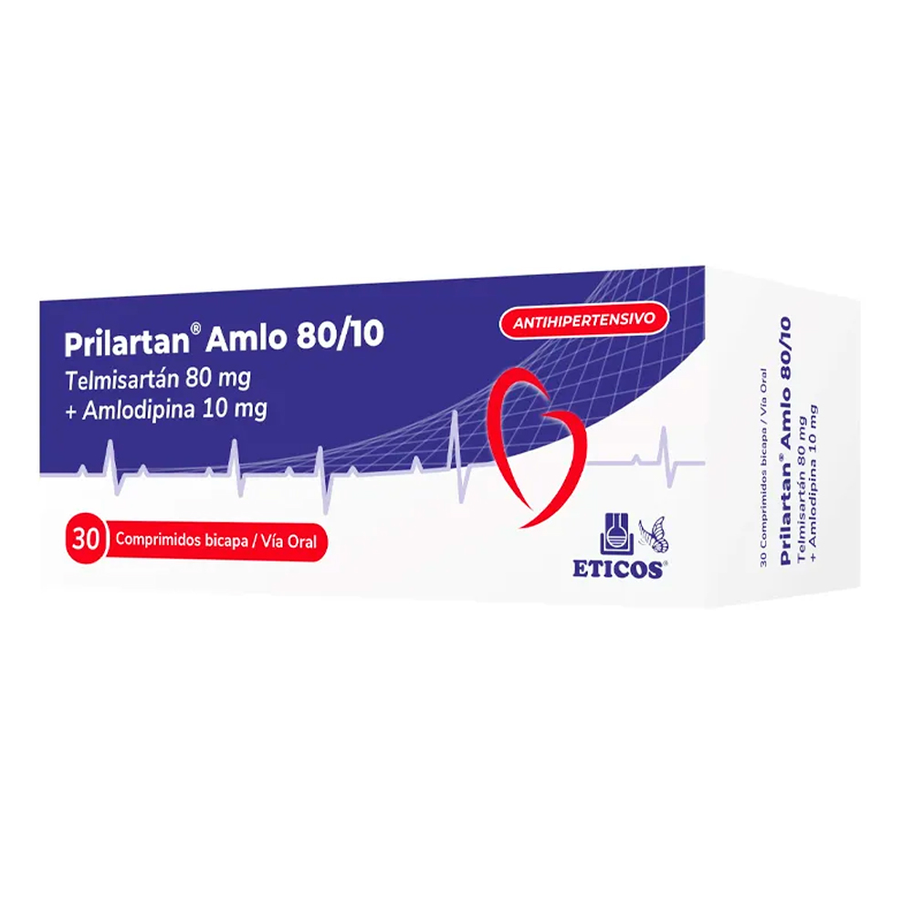 Prilartan Amlo 80/10 Telmisartan 80MG Amlodipina 10 MG Caja De 30 Comprimidos