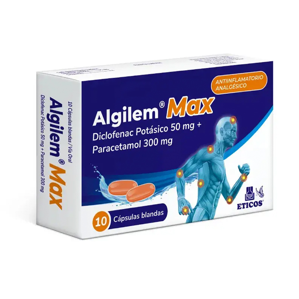 Algilem Max Diclofenac Potasico + Paracetamol Caja x10 Capsulas Blandas