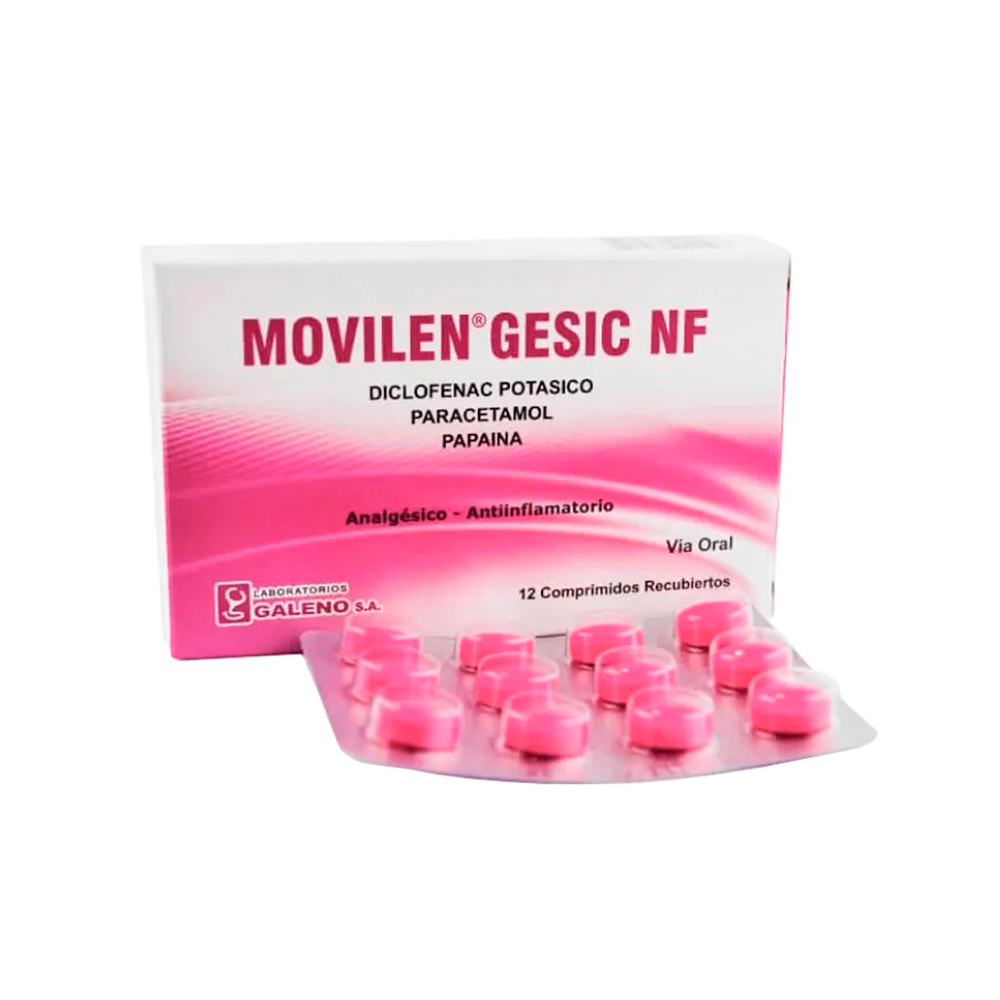 Movilen Gesic NF Diclofenac Potasico Paracetamol Papaina Caja De 12 Comprimidos