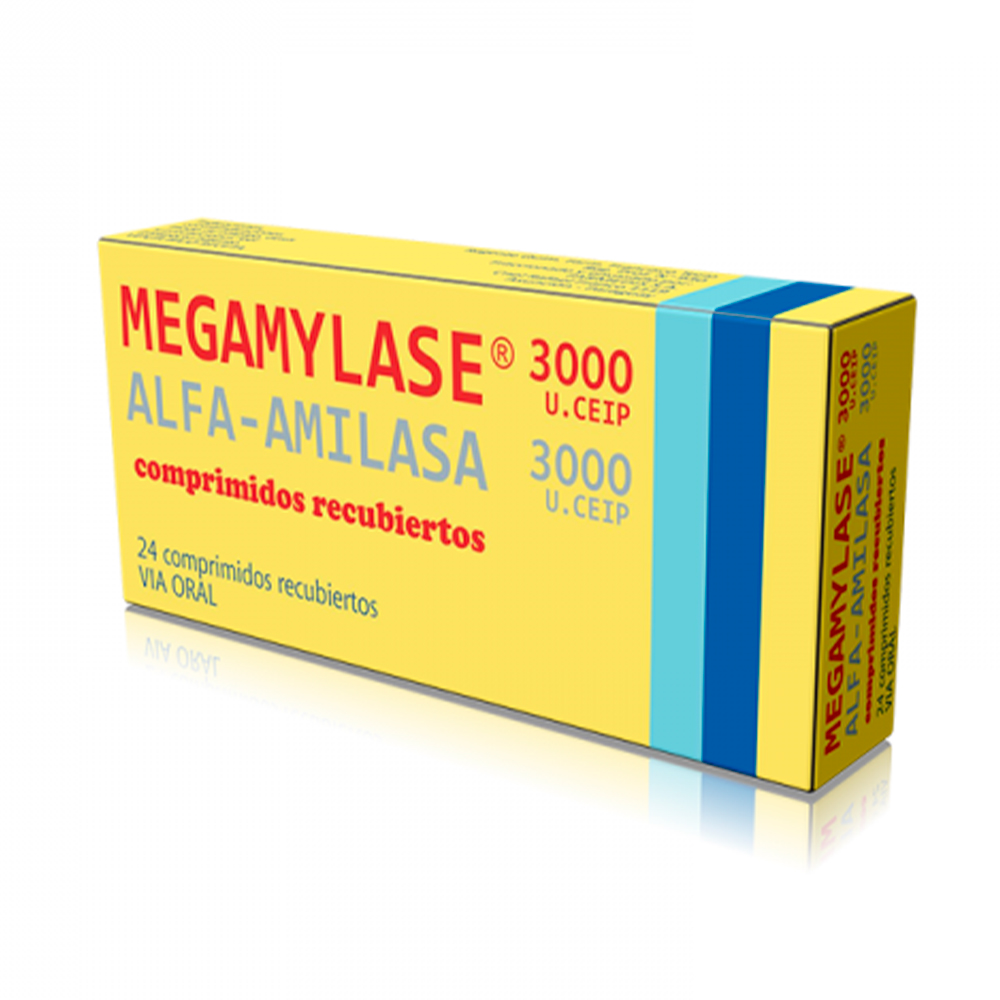 Megamylase 3000 U.CEIP Alfa-Amilasa Caja de 24 Comprimidos Recubiertos.