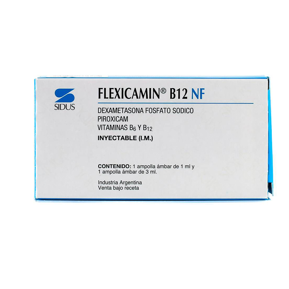 Flexicamin B12 NF Dexametasona Fosfato Sodico Caja de 1 ampolla de 1 mL y 1 ampolla de 3 mL