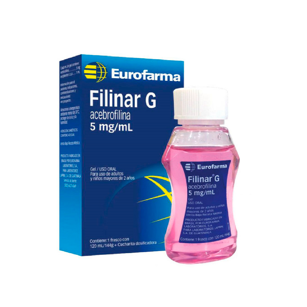 Filinar G Acebrofilina 5mg/ml Contiene 1 Frasco con 120ml/144g mas Cuchara Dosificadora